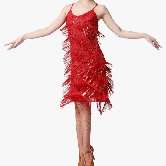 Women Salsa Latin Dance Dress Sequin Tassel Fringe Flapper Dress 1920s - Picture 3 of 9